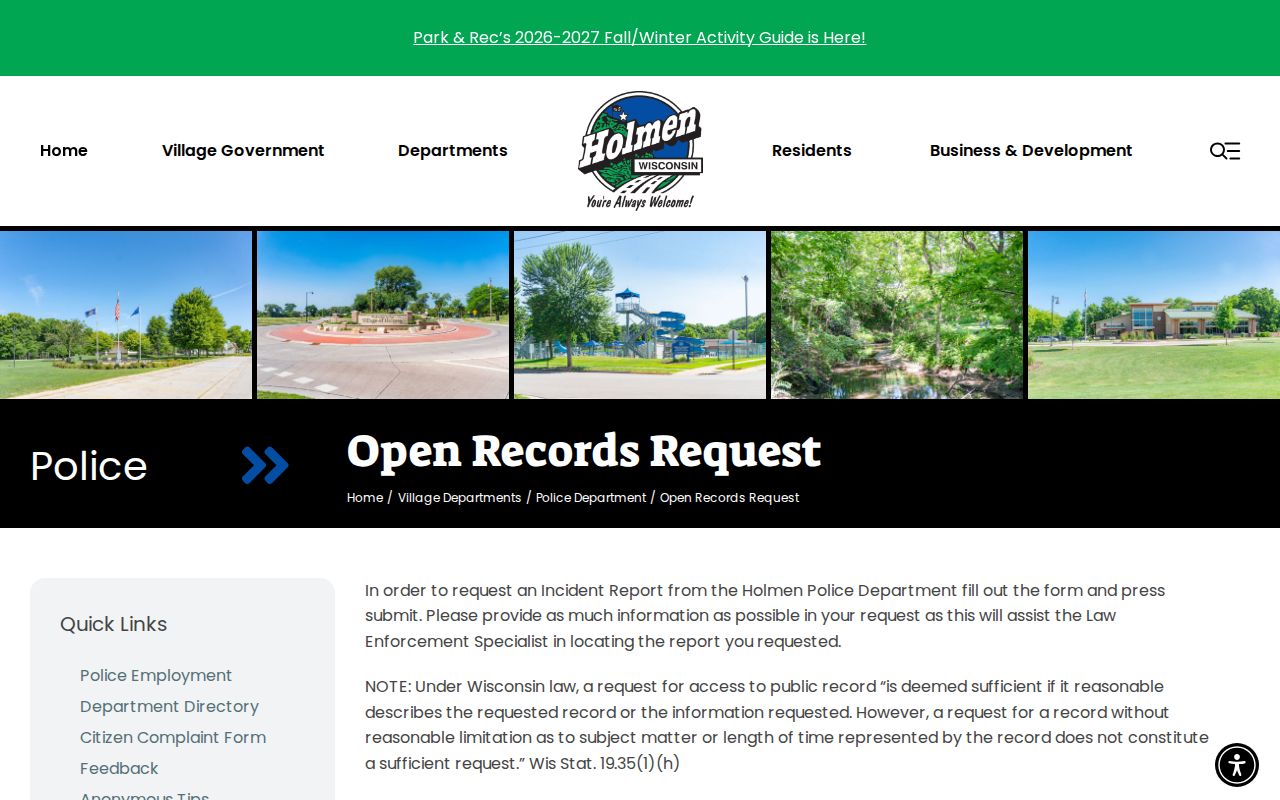 La Crosse County Holmen Police incident-record request route