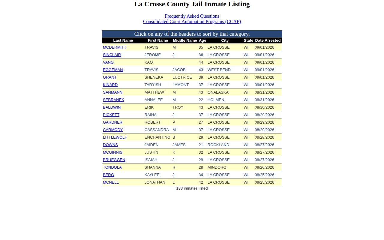 La Crosse County booking roster current-custody listing interface